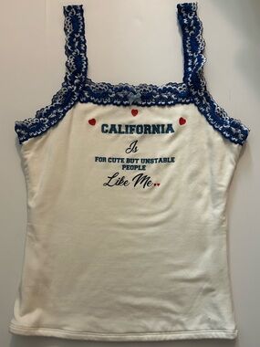 omighty White Cami with Blue Lace Trim and Red Heart Accents